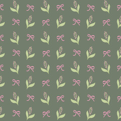 Floral seamless pattern with  pink flowers and green leaves, accented by soft bows. Repeated flower background. Ideal for fabric, home decor, stationery, wrapping, wallpaper, packaging, textiles.