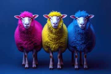 Three sheep posing with colorful dyed wool on blue background