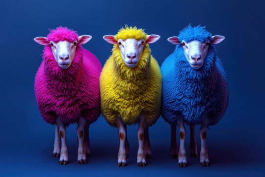 Three sheep posing with colorful dyed wool on blue background - Powered by Adobe