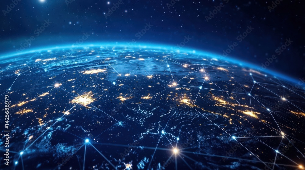 Poster digital representation of earth with blockchain-style nodes and pathways creating a decentralized ne