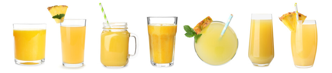 Delicious pineapple juice on white background, collage