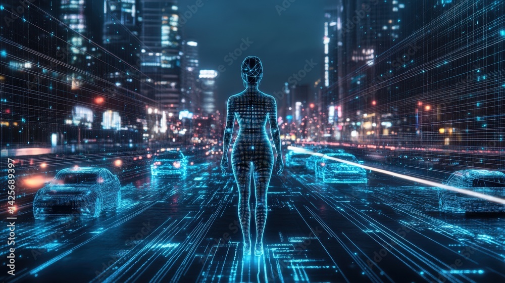 Poster a digital twin concept, where real-world data flows seamlessly into a virtual ai-powered model