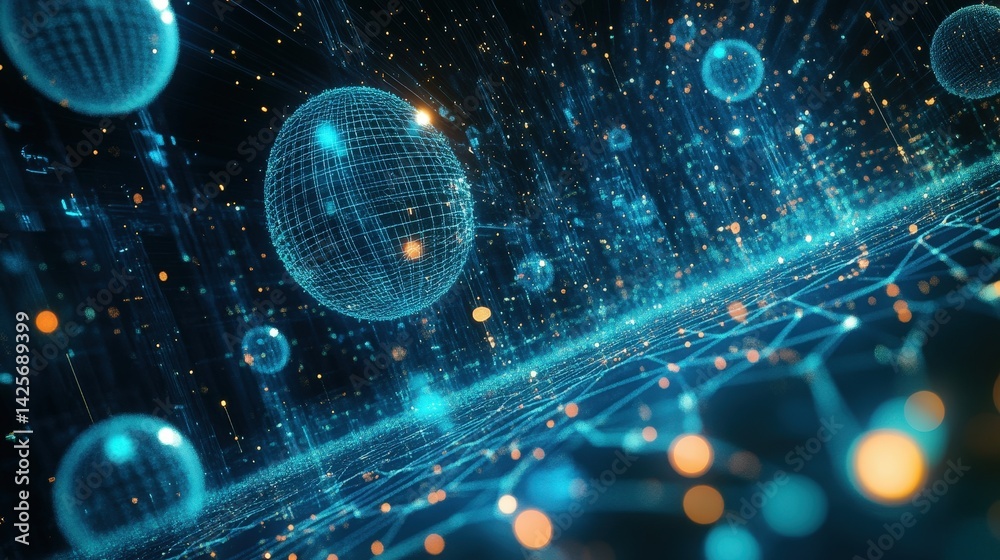 Wall mural a digital tech bubble pattern with glowing holographic spheres in a futuristic grid
