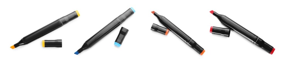 Color double sided markers with caps on white background, collage. Top view