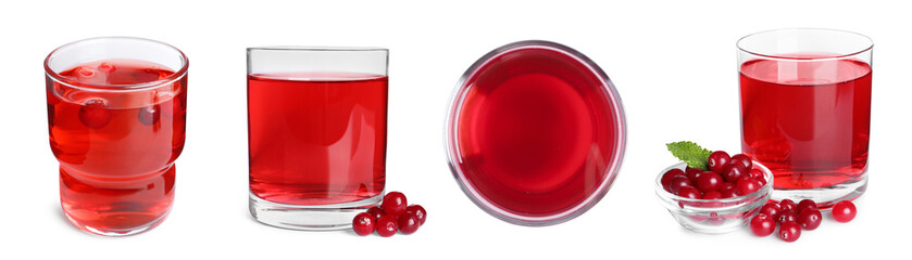 Tasty cranberry juice on white background, collage