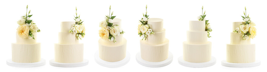 Wedding cake with floral decor isolated on white, collage
