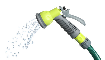 Rubber watering hose spraying water on white background. Gardening
