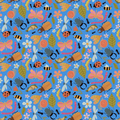 Seamless pattern with colorful cartoon insects and flowers. Garden-inspired background. Perfect for children designs, fabric, wallpaper, crafts, wrapping, scrapbooking, edutainment design and decor.