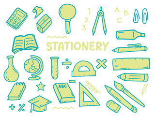 Set of icons with Stationery theme. With doodle style. For layout, website, graphic design.