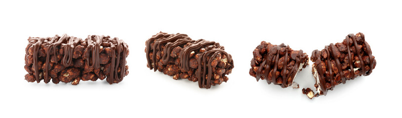 Delicious puffed rice bar with chocolate on white background, collage