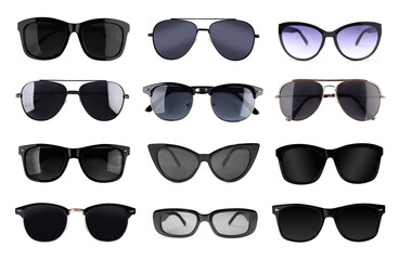 Different stylish sunglasses on white background, collage. Fashionable accessory