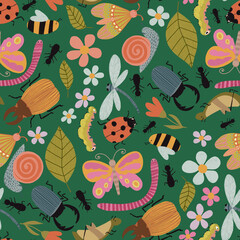Seamless pattern with colorful cartoon insects and flowers. Garden-inspired background. Perfect for children designs, fabric, wallpaper, crafts, wrapping, scrapbooking, edutainment design and decor.