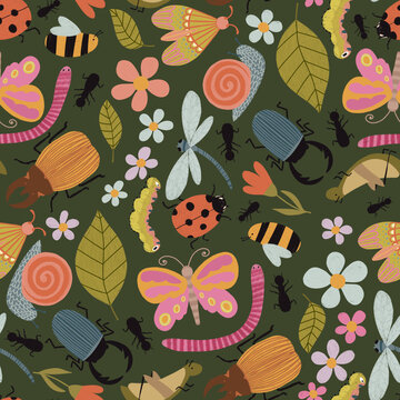 Seamless pattern with colorful cartoon insects and flowers. Garden-inspired background. Perfect for children designs, fabric, wallpaper, crafts, wrapping, scrapbooking, edutainment design and decor.