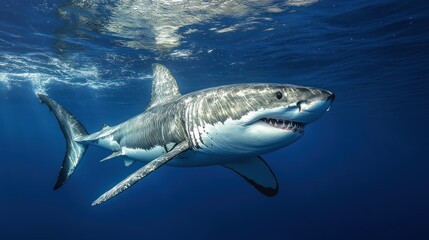 Naklejka premium Majestic Great White Shark Swimming in the Deep Blue Ocean, Up Close View