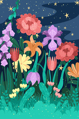 Blooming flowers postcard in mystical night garden. Vector floral design with detailed plants and greenery. Starry night sky and lush foliage background. Bright garden bouquet for print projects