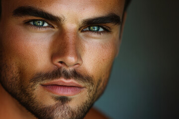 Obraz premium Handsome man staring with intense green eyes and short beard