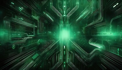 Futuristic Dark Green Digital Artwork A Mesmerizing Abstract Illustration of a Technological Dystopia, with Cybernetic Elements Blending Seamlessly into Organic Landscapes, Emphasizing the