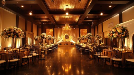 A dramatic wedding hall with dark wood accents, golden lighting, and a rich, regal decor