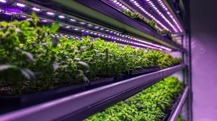 Indoor cannabis grow lights cultivation Indoor vertical garden with vibrant greenery under bright lights.