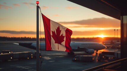 The Canadian flag waving at an airport, symbolizing global connection and travel,