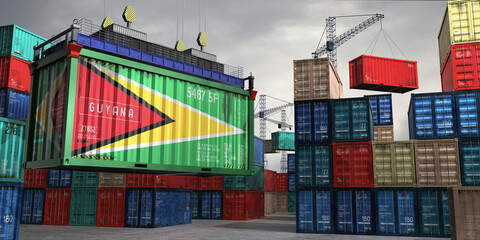 Fototapeta premium Cargo container with flag of Guyana lifted by crane at freight terminal - 3D illustration
