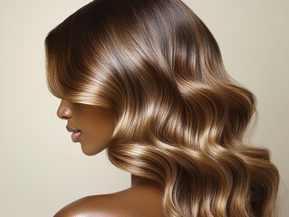Fototapeta premium Stunning woman with perfectly styled, lustrous long waves showcasing hair health and expert coloration.