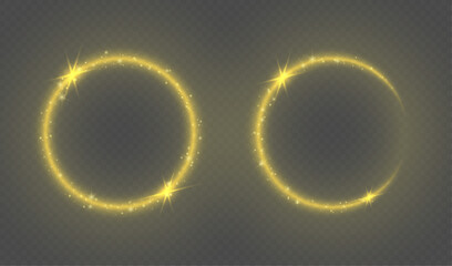 Set of magical golden glowing abstract light banners. Magic circles or frames with flashes of bright yellow light and star dust. Vector illustration.