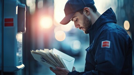 Postal Worker Reviewing Mail on City Street at Dusk