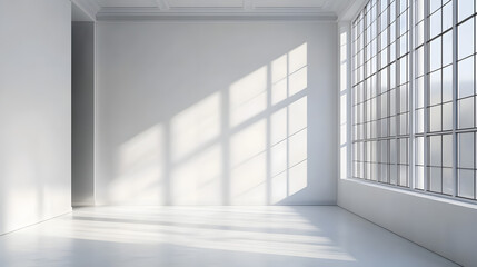 Fototapeta premium Serene natural light streaming through large windows in minimalist white room indoor fresh aesthetic