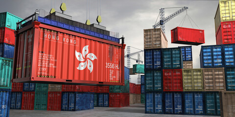 Fototapeta premium Cargo container with flag of Hong Kong lifted by crane at freight terminal - 3D illustration