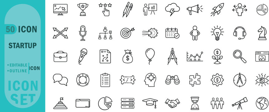 Startup editable outline icon set. Business pitch idea launch marketing strategy and more.