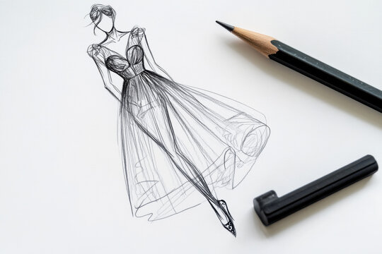 Fashion designer sketching dress on paper with pencils and pen