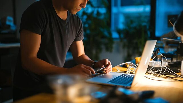 Laptop technician troubleshooting in a quiet evening shop