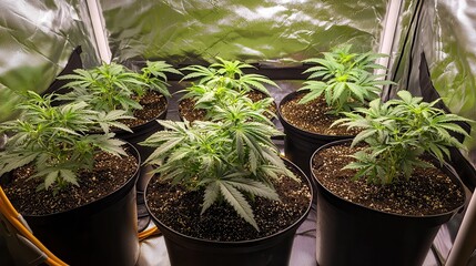 Indoor cannabis grow lights cultivation Indoor plants growing in pots under artificial light.