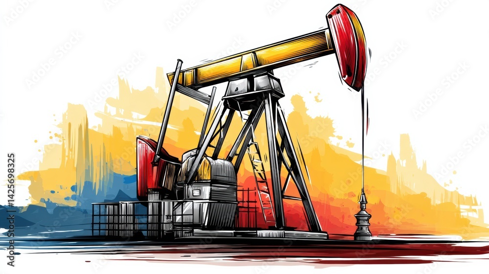 Poster pumpjack animated icon in bold pop-art style showcasing energy extraction in an industrial setting w