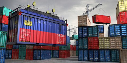 Fototapeta premium Cargo container with flag of Liechtenstein lifted by crane at freight terminal - 3D illustration