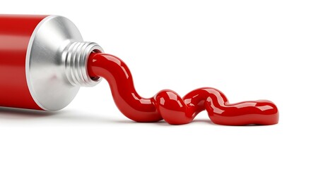 Vibrant scarlet paint escaping an aluminum tube, ready for artistic expression