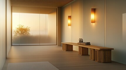 A minimalistic yoga room with frosted floor-to-ceiling glass walls