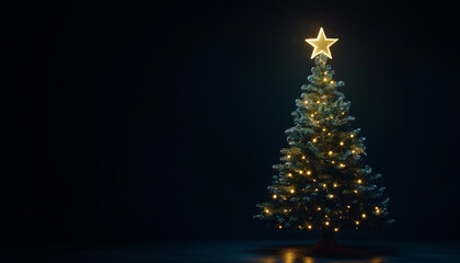 A majestic Christmas tree glows with warm golden lights, a beacon of hope and festive cheer against a dark, dramatic backdrop.