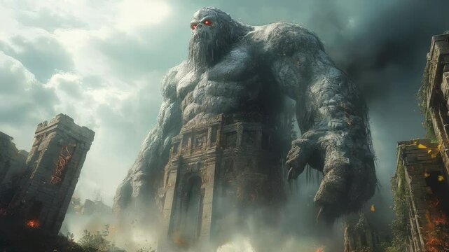 Stone skinned cyclops with glowing red eyes emerges from ancient ruins, towering over warriors in a misty, mythic landscape.