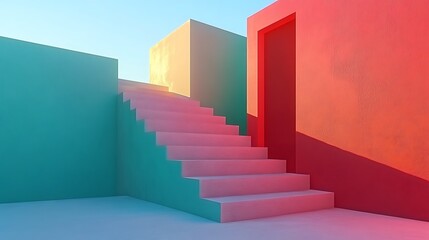 Pink stairs with colorful walls, and sunlit.