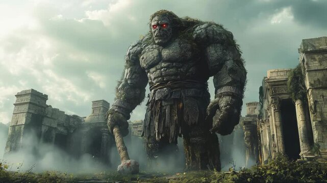 Stone skinned cyclops with glowing red eyes emerges from ancient ruins, towering over warriors in a misty, mythic landscape.