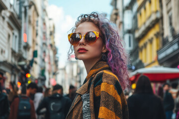 Obraz premium Stylish influencer walking on a crowded street wearing sunglasses and trendy clothes
