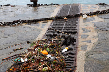 Trash and organic waste are strewn across a walkway by the water, showcasing the adverse effects of...