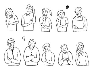 介護、福祉系のお仕事（困った顔の人たち）、線画