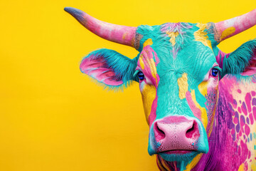 Obraz premium Colorful cow posing on vibrant yellow background