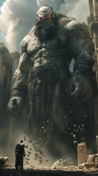 Stone skinned cyclops with glowing red eyes emerges from ancient ruins, towering over warriors in a misty, mythic landscape. Vertical video