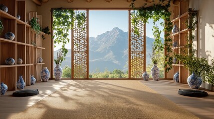 A natural-inspired yoga room featuring jute flooring
