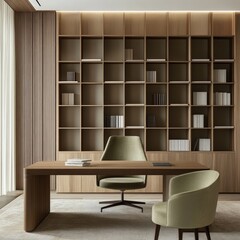 Modern minimalist office space with built-in shelving
