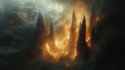 Fiery gothic towers pierce stormy clouds